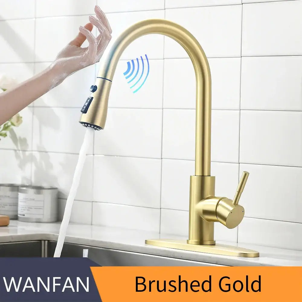 Brushed gold sensor kitchen faucet with sleek modern design and touchless technology for flexible pull down spray