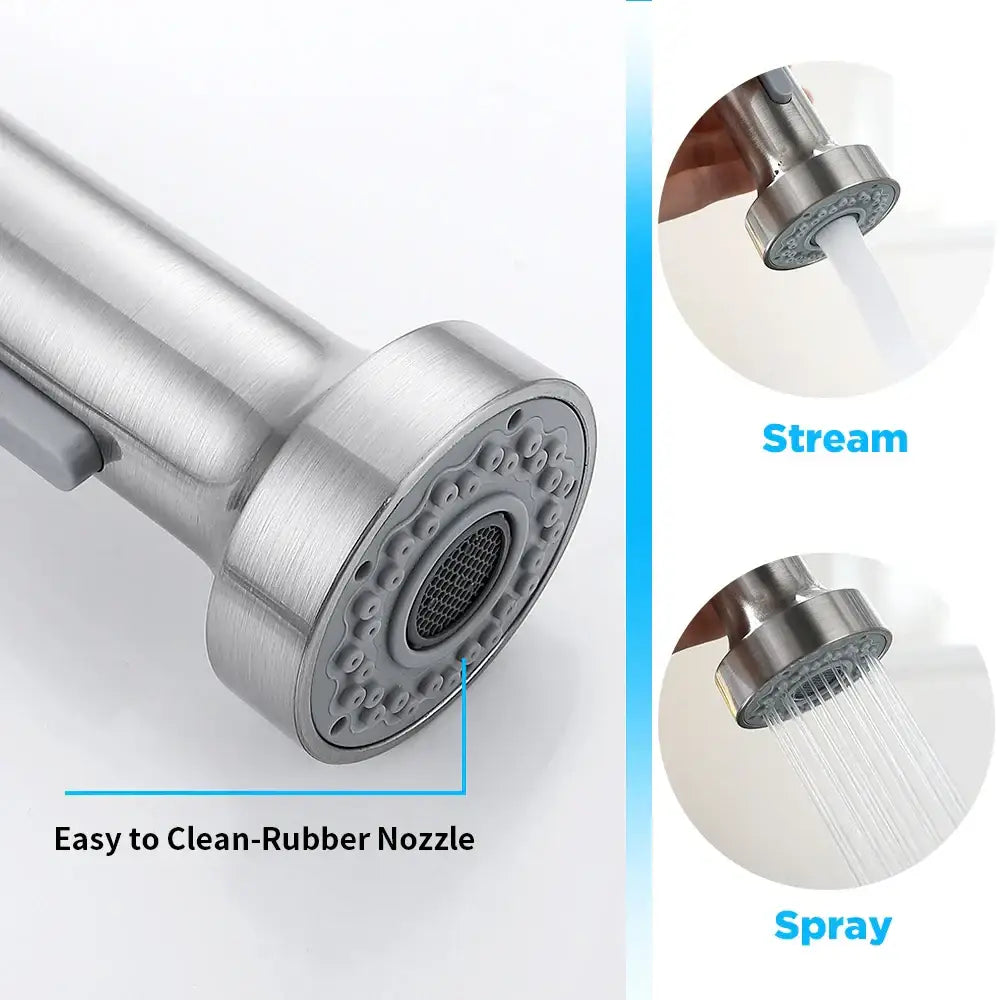Brushed nickel sensor kitchen faucet with stainless steel rubber nozzle and dual spray stream settings for easy cleaning