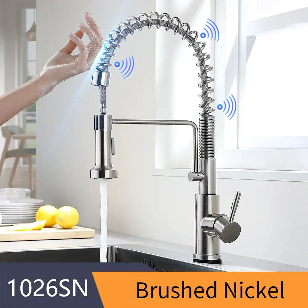 Brushed nickel sensor kitchen faucet with flexible coiled spring spout and pull-down spray head for sensor kitchen use