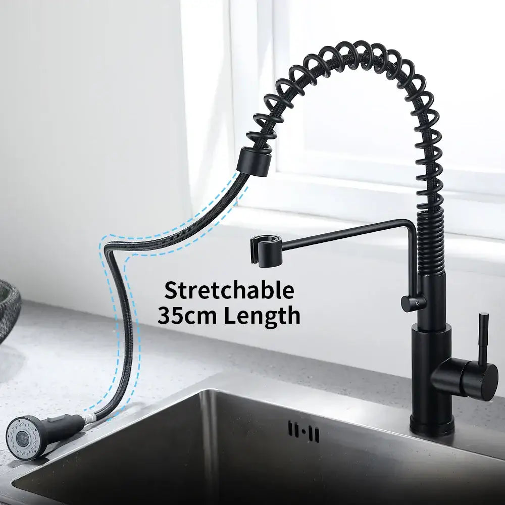 Black matte sensor kitchen faucet with flexible coiled hose and adjustable spray head for modern kitchens