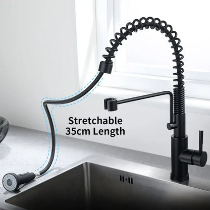Black matte sensor kitchen faucet with flexible coiled hose and adjustable spray head for modern kitchens