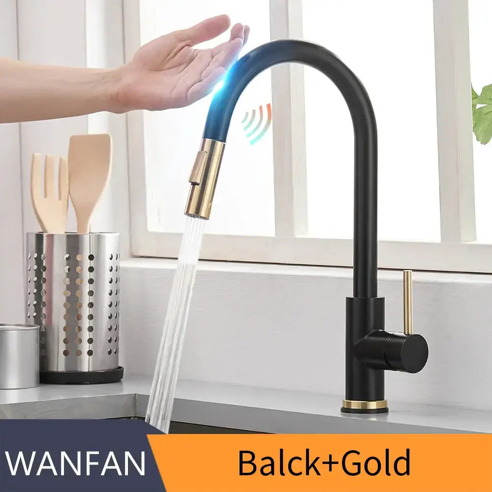 Black and gold sensor kitchen faucet with brass accents and infrared sensor featuring a flexible pull down spray