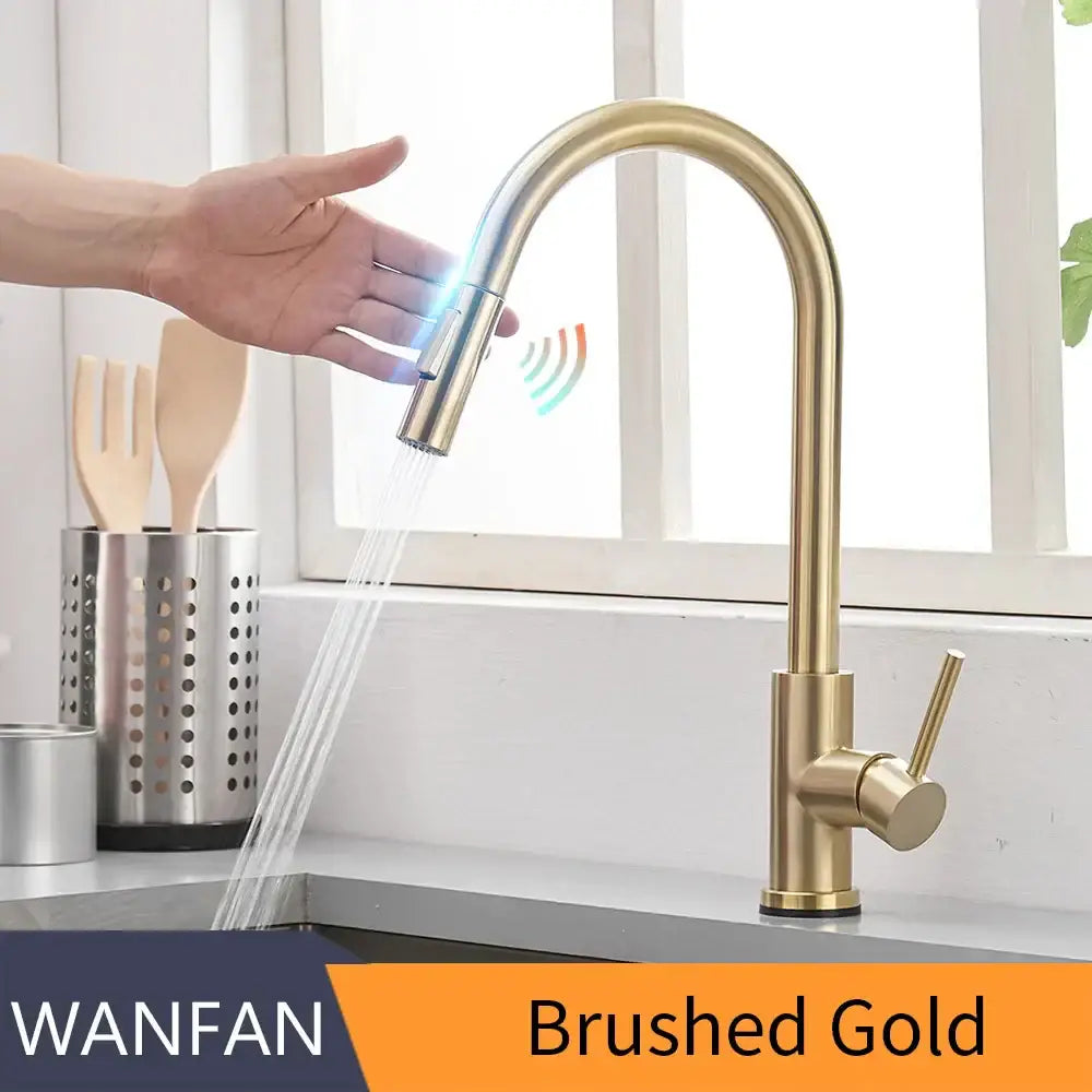 Brushed gold sensor kitchen faucet with sleek modern design and flexible pull down spray for kitchen use