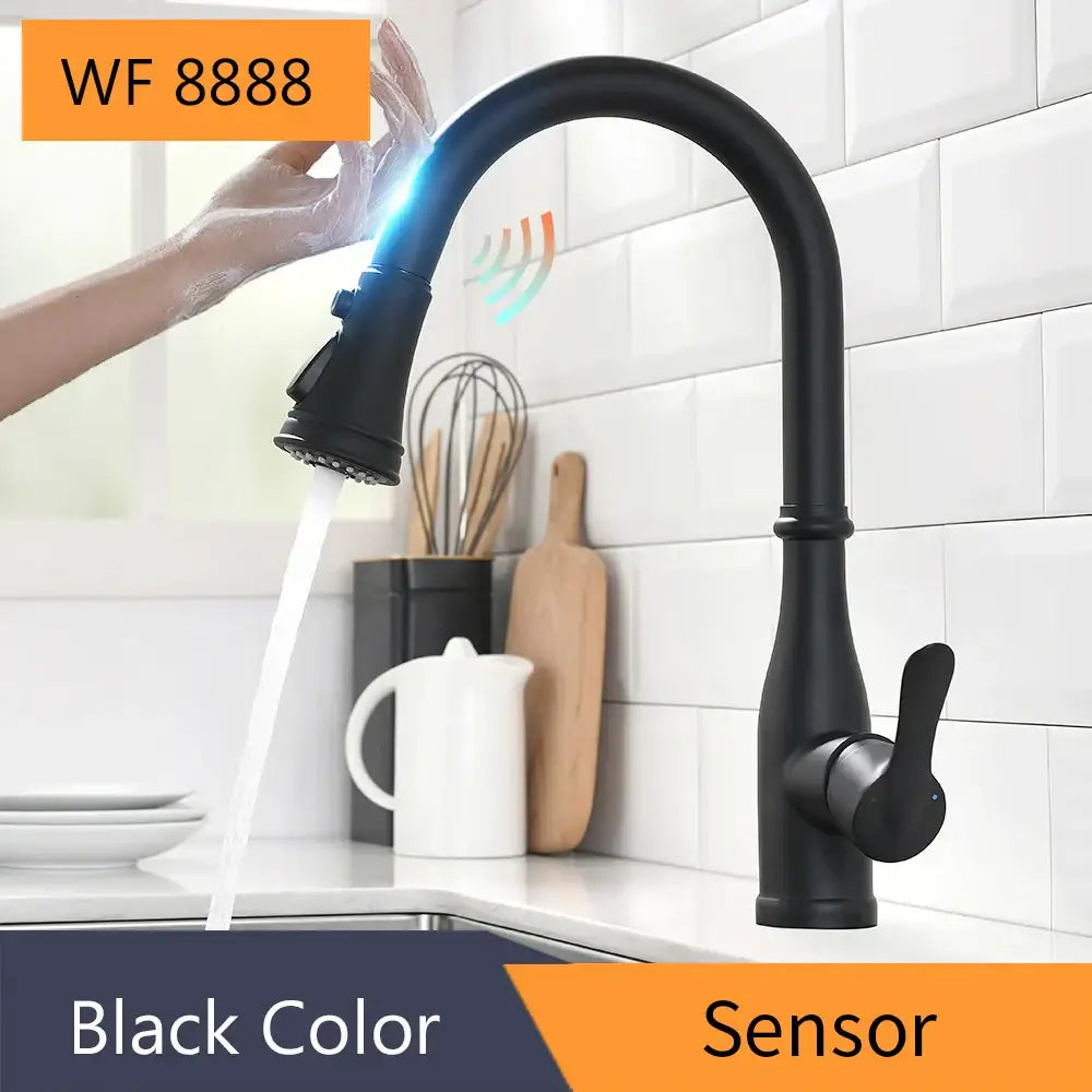 Black matte sensor kitchen faucet with a sleek curved spout and pull-down spray head for flexible use