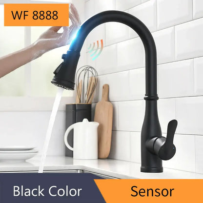 Black matte sensor kitchen faucet with a sleek curved spout and pull-down spray head for flexible use