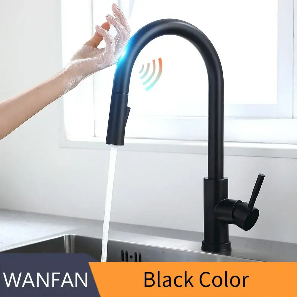 Black matte finish wanfan sensor kitchen faucet with sleek modern design and flexible pull down spray in brushed nickel style