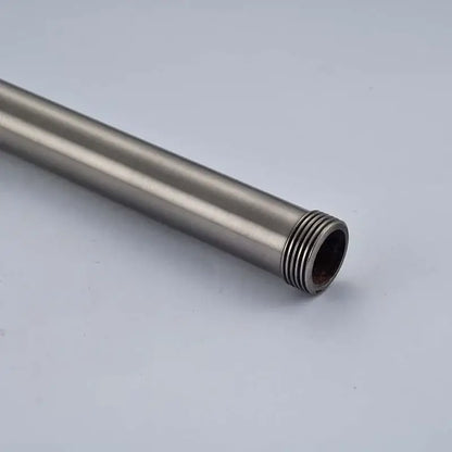 Brushed nickel shower faucet extension tube in stainless steel with a sleek metallic finish and threaded end for easy installation