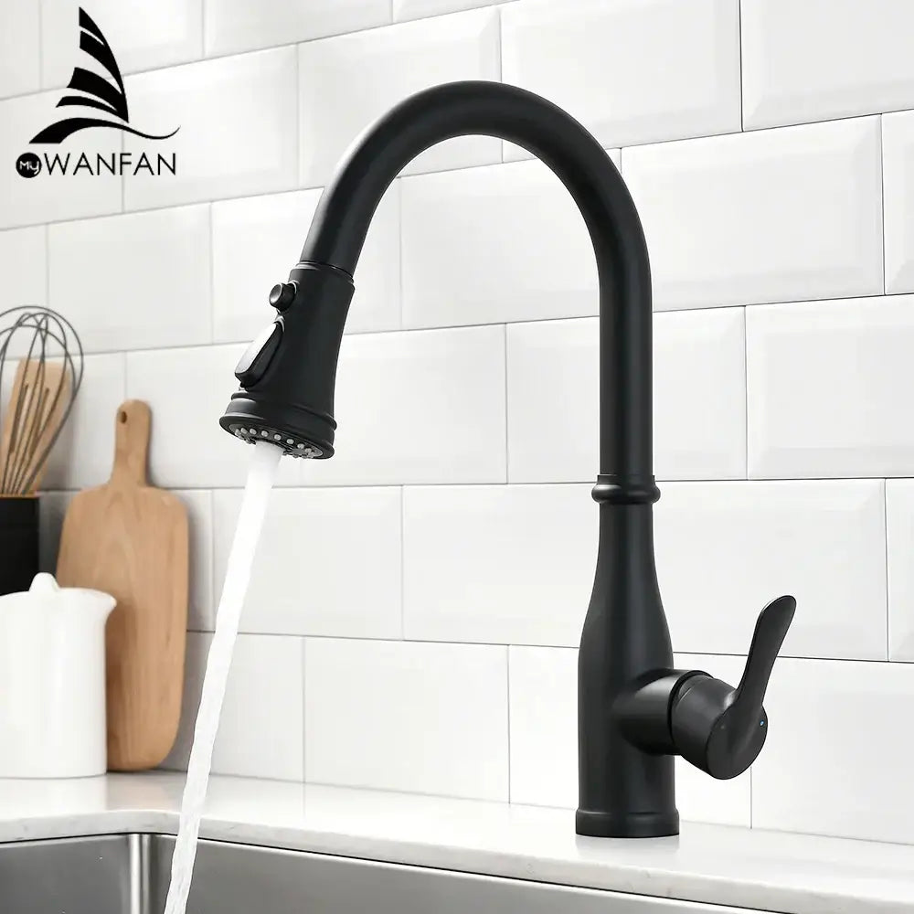 Black matte finish kitchen faucet with curved spout and pull-down spray head complements brushed nickel single handle design