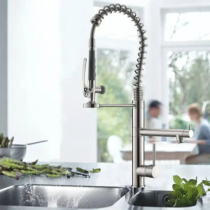 Brushed nickel spring kitchen faucet with pull down spray head and flexible coiled stainless steel spout decorbites kitchen faucet