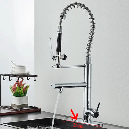 Chrome finished brushed nickel spring kitchen faucet with flexible gooseneck and black handle pull down spray head decorbites