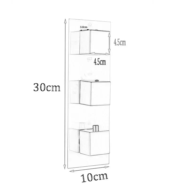 Minimalist white wall-mounted storage unit with three vertical cubbies along a 10cm base for compact thermostatic mixer valve organization