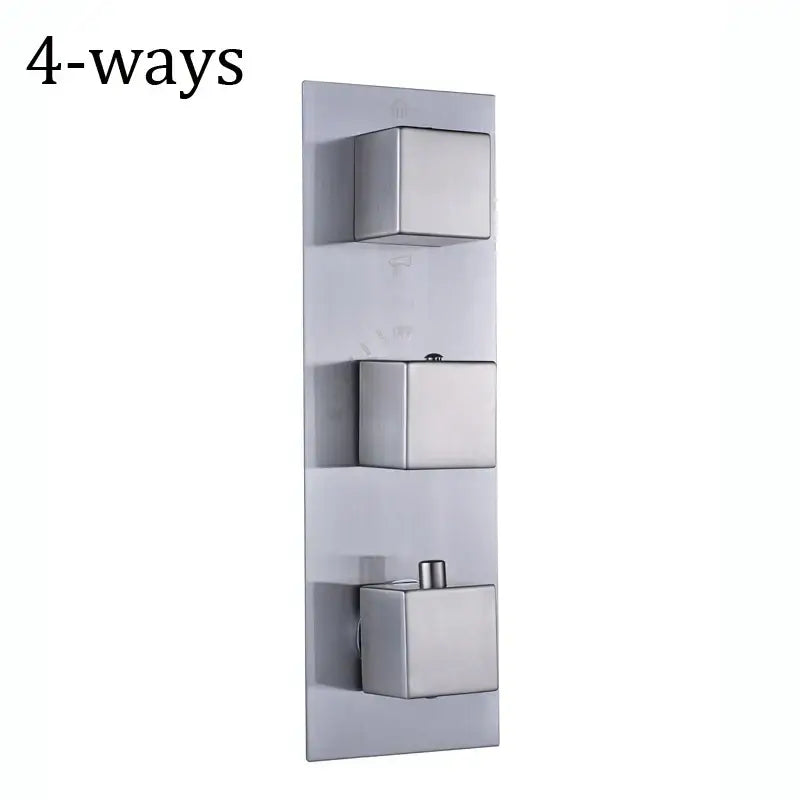 Modern brushed stainless steel thermostatic mixer valve with sleek square controls for bathroom shower control