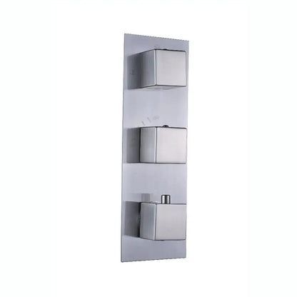 Modern brushed nickel thermostatic mixer valve shower control panel with three square knobs in stainless steel finish