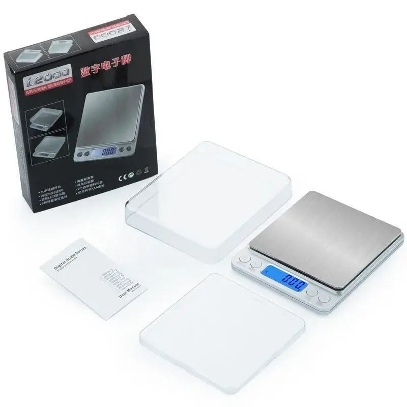 Brushed silver digital kitchen jewelry scale with sleek rectangular design and blue lcd display by decorbites digital kitchen