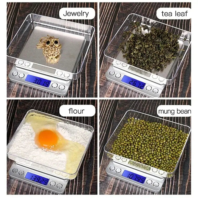 Gold owl-shaped jewelry piece on a brushed silver decorbites digital kitchen jewelry scale with blue lcd display