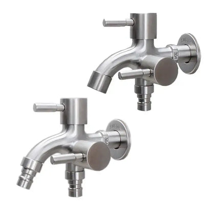 Brushed stainless steel washing machine faucet with dual handles and dual spouts for garden sink use