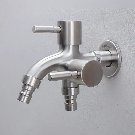 Brushed stainless steel dual spout washing machine faucet with a wall-mounted design for garden sink use