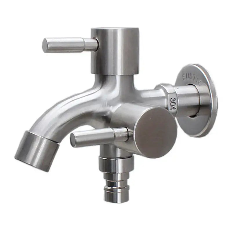 Brushed stainless steel 304 dual-handle washing machine faucet with polished finish and integrated hose connector for garden sink