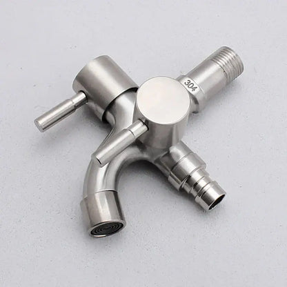 Brushed stainless steel 304 triple-handle washing machine faucet with dual spouts and threaded connections for garden sink