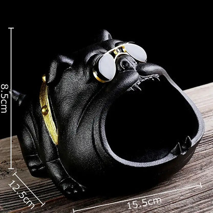 Black cast iron bulldog sunglasses ceramic ashtray with gold-tone collar for living room decor set of 4