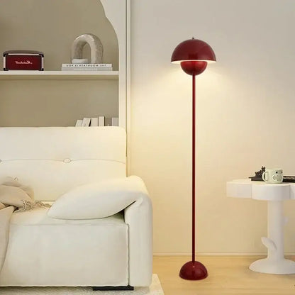 A sleek burgundy bud floor lamp with a rounded flower shade and matching base ideal for bedroom decorbites bud floor lamp