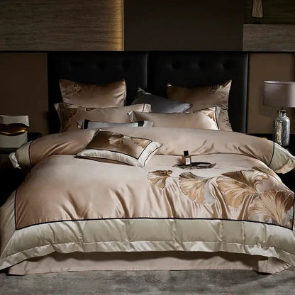 Beige satin bedding set with gold leaf embroidery and black piping from decorbites ginkgo biloba egyptian cotton collection
