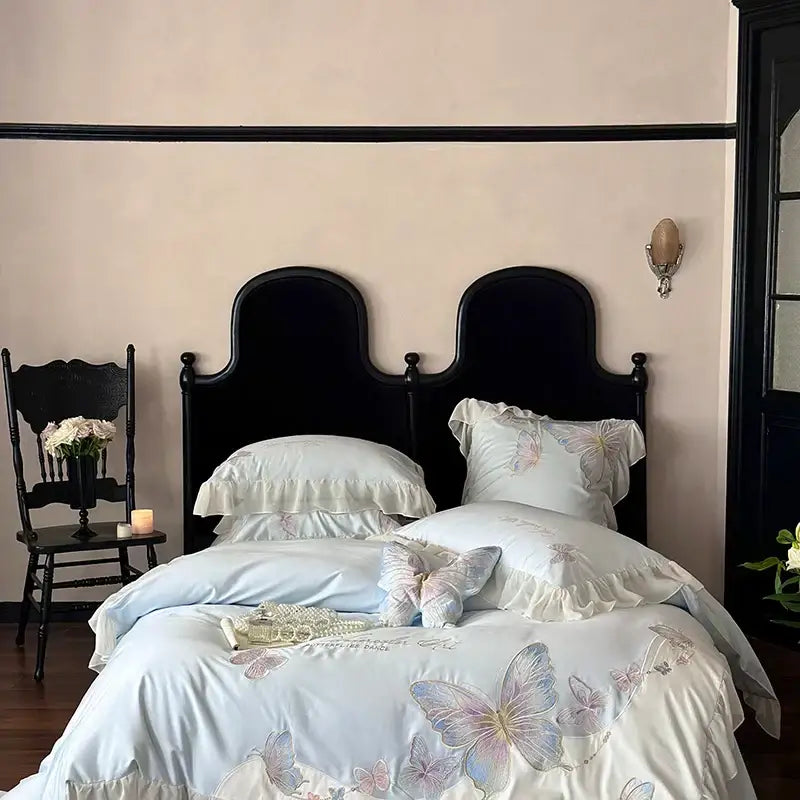 Light blue cotton bedding set with lace ruffles and decorbites butterfly embroidery for bedroom decor