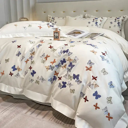 White satin duvet cover with colorful decorbites butterfly embroidery in blue purple orange gray cotton bedding set decor
