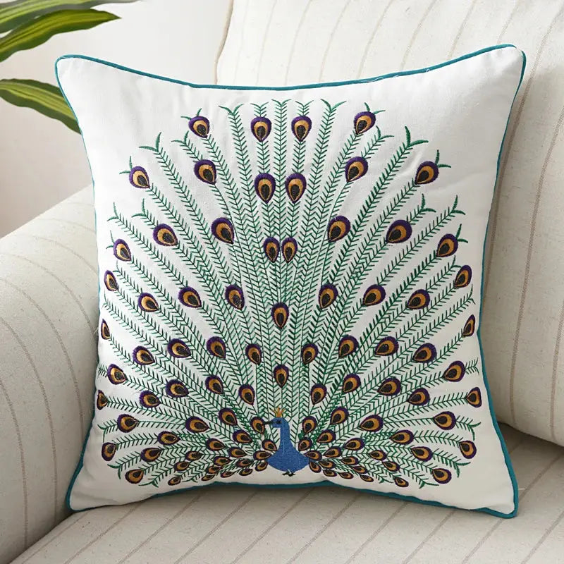 White cotton pillow cover with embroidered teal green gold and blue peacock design for decorbites butterfly floral decor