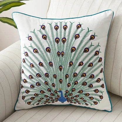 White cotton pillow cover with intricate embroidered teal green gold and blue peacock design for decorbites butterfly floral decor