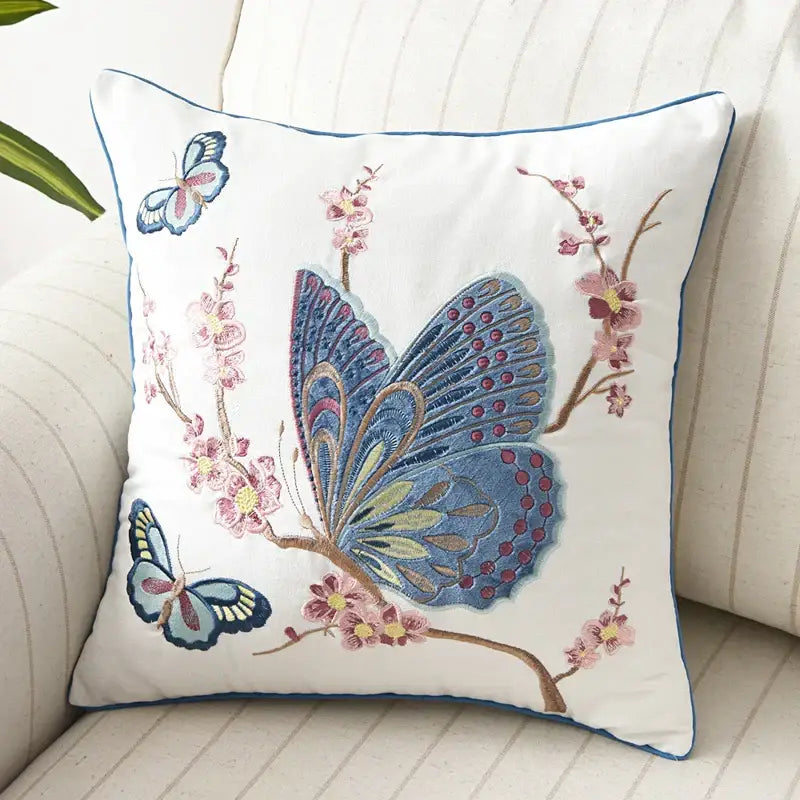 White square butterfly floral cotton pillow cover with blue purple pink embroidered butterflies and cherry blossom decor