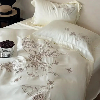 Cream-colored satin bedding set with delicate silver decorbites butterfly flowers embroidery for bedroom decor