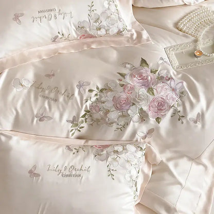 Cream satin bedding set with delicate pink and white butterfly flowers embroidery for elegant decorbites butterfly flowers decor