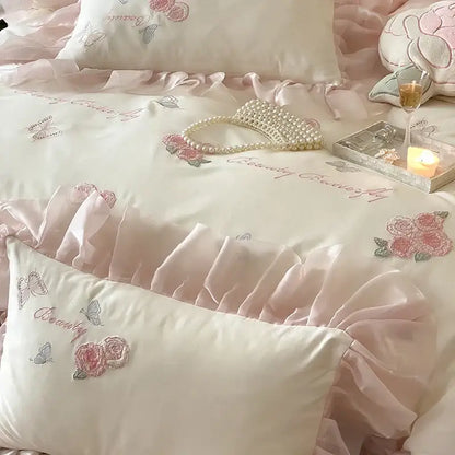 Ivory satin bedding set with blush pink ruffles and embroidered butterfly flowers lace by decorbites butterfly flowers