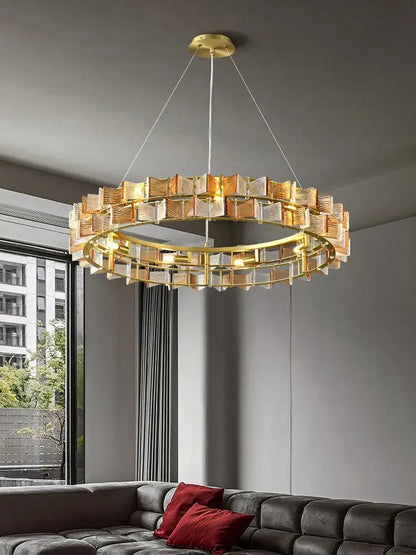Gold-toned decorbites butterfly glass chandelier with geometric glass panels and modern layered design for dining room lighting