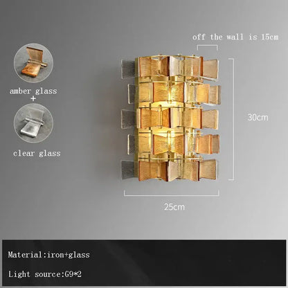 Gold-toned decorbites butterfly glass wall sconce with stacked amber and clear glass panels for modern dining room decor