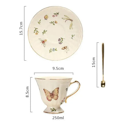 Cream-colored porcelain butterfly gold ceramic cup and saucer set with hand-painted floral and gold trim designs