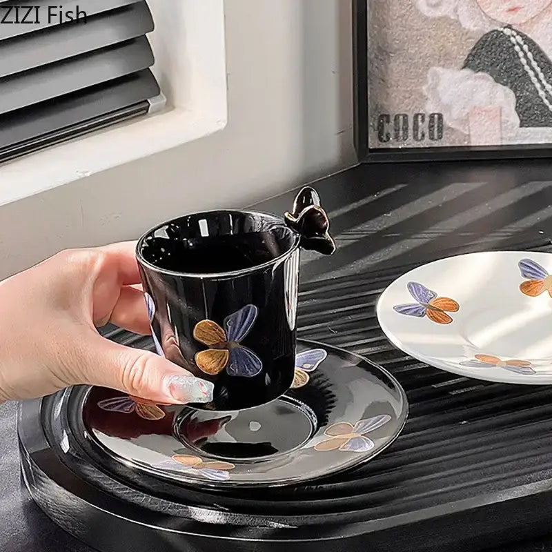 Black ceramic butterfly pattern ceramic cup with butterfly handle and matching saucer for decorbites dining room decor