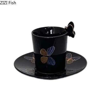 Black ceramic butterfly pattern ceramic cup and saucer set with hand-painted blue brown and silver butterflies perfect for decorbites butterfly pattern decor