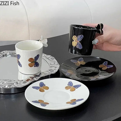 Black ceramic pattern ceramic cup with gold-blue decorbites butterfly pattern and butterfly handle for dining room use