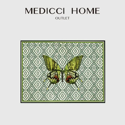 Medici home outlet butterfly print throw pillow featuring a green and black butterfly on an off-white geometric decorbites butterfly print background