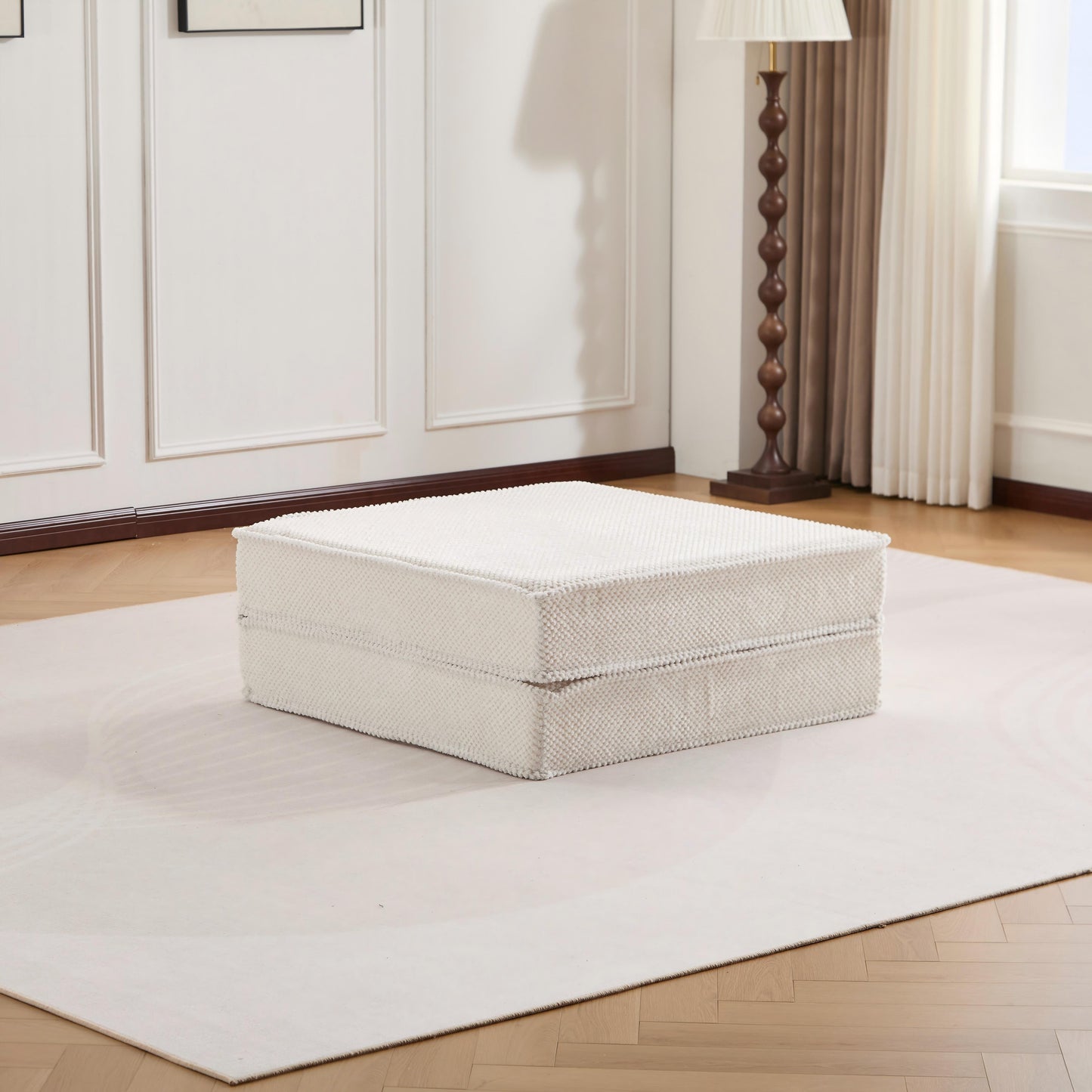 Kompressions-Mahjong-Sofa, umklappbares Boden-Sofabett, DIY knochenloses modulares Sektionssofa, keine Montage erforderlich, Kreis-Fleece-Stoff, 1 Hocker, Weiß