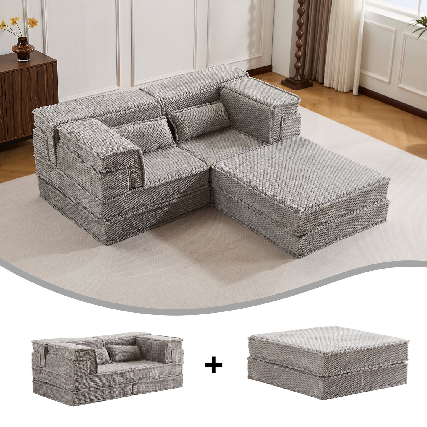 Kompressions-Mahjong-Sofa, umklappbares Boden-Sofabett, DIY knochenloses modulares Sektionssofa, keine Montage erforderlich, Kreis-Fleece-Stoff, überdimensioniertes 2-Sitzer-Sofa mit 1 Hocker, Hellgrau