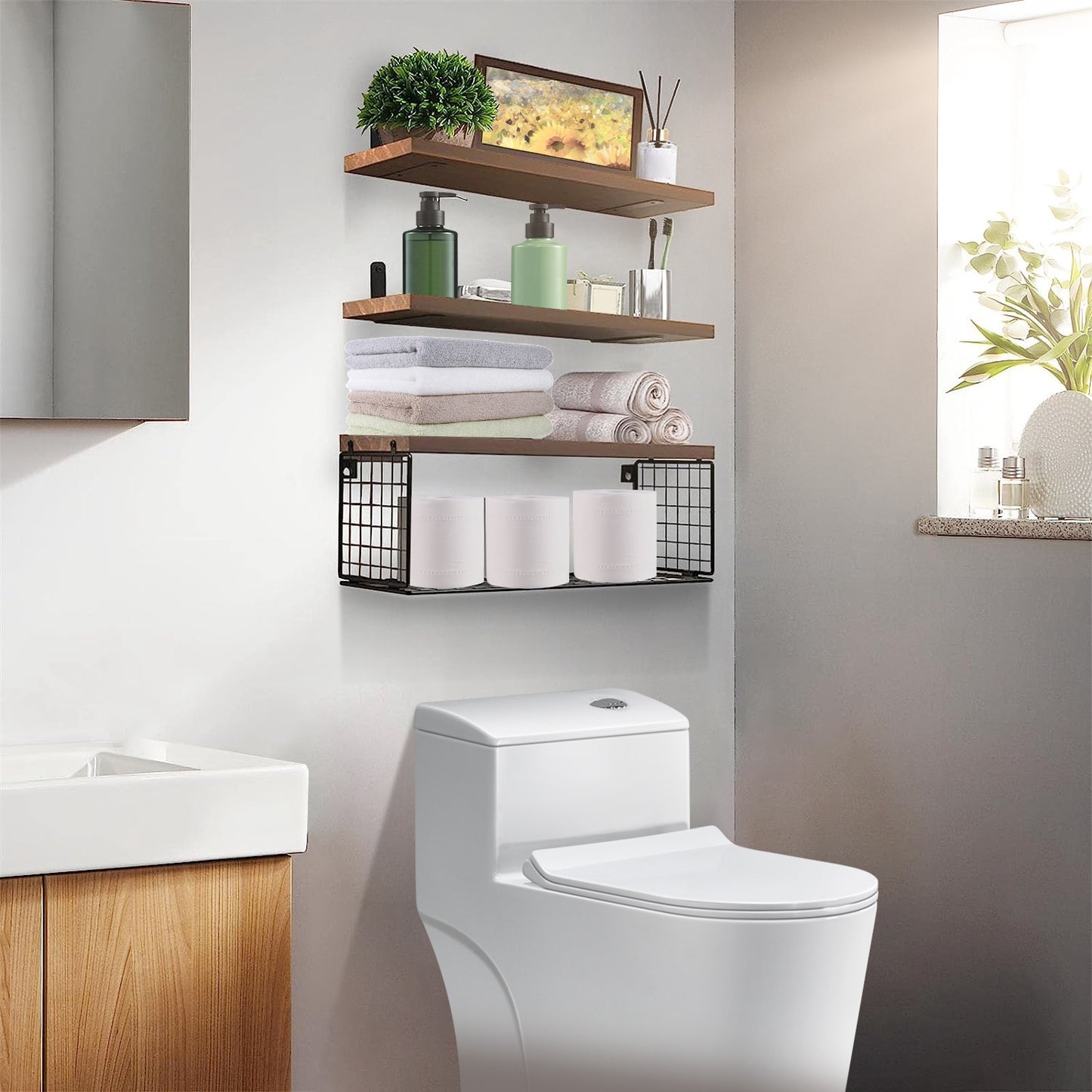 2 in 1 Wandregale mit Aufhängung und Stauraumbasket Badezimmerregale über der Toilette Holzregale für Schlafzimmer Wohnzimmer Küche Büro Wanddekoration Pflanzen