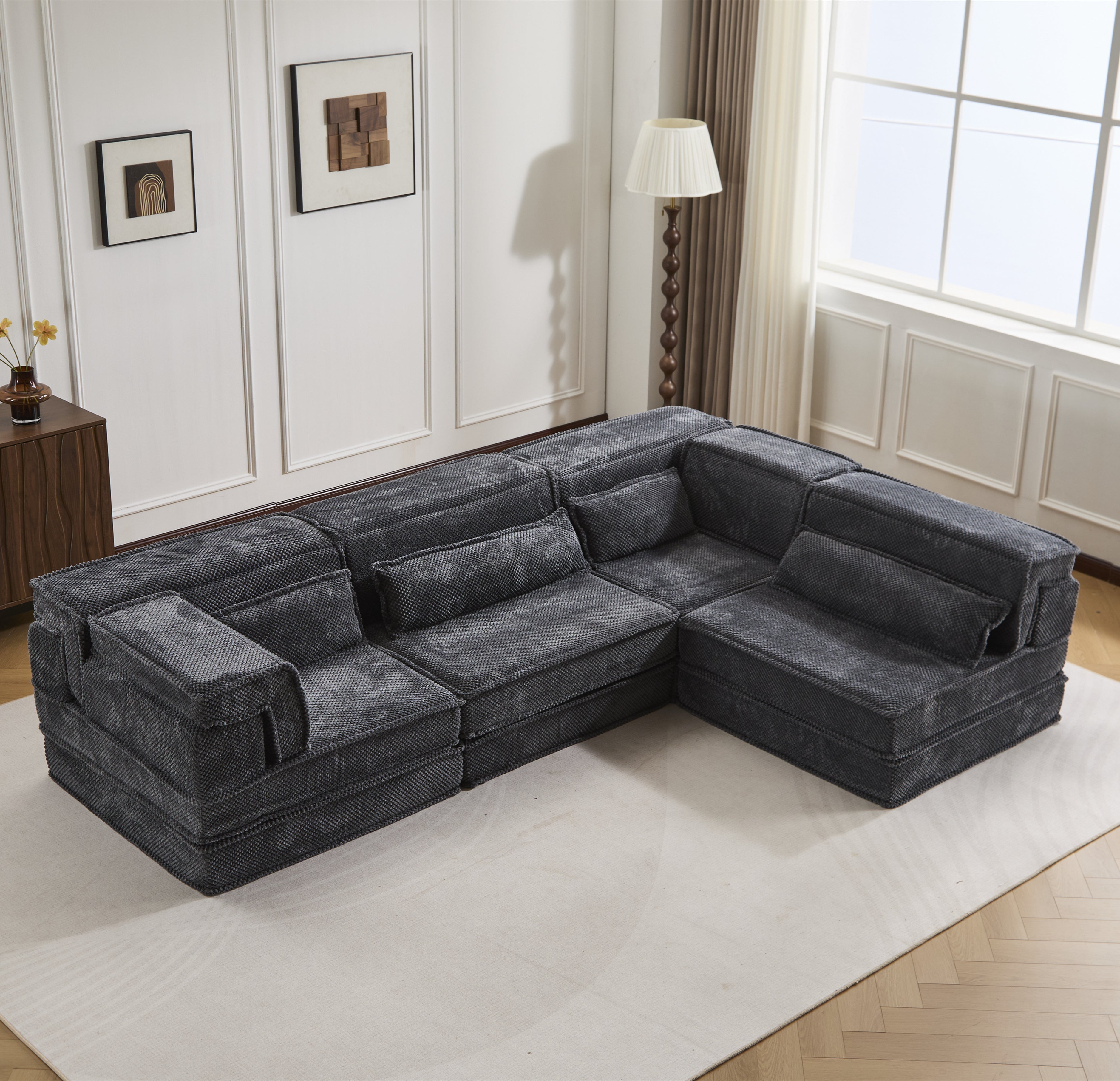 Kompressions-Mahjong-Sofa, Umwandelbares Boden-Sofabett, DIY Knochenloses Modulares Sektionssofa, Keine Montage Erforderlich, Kreisförmiger Fleece-Stoff, Überdimensioniertes 4-Sitzer-Sofa mit 4 Kissen, Dunkelgrau
