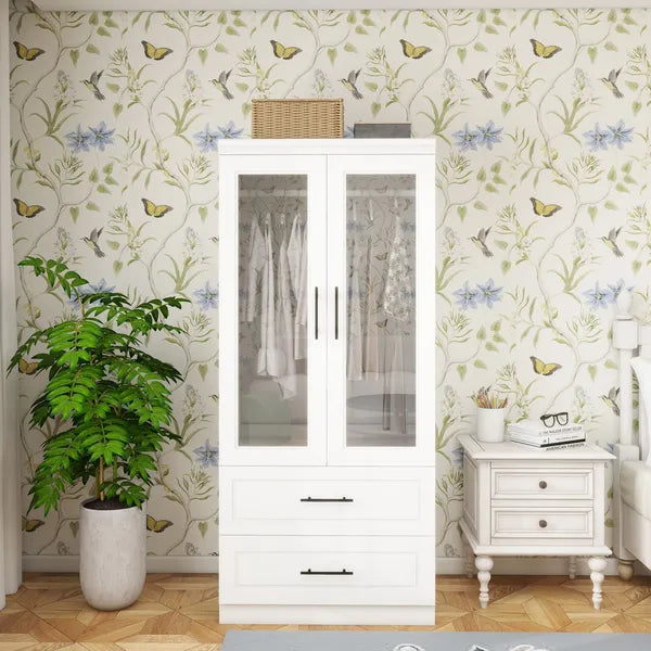 Kleiderschrank Garderobe Schrank mit 2 Glastüren, 71" hoher Schlafzimmer-Kleiderschrank mit 2 Schubladen, Schrank mit Kleiderstange für das Schlafzimmer, Holzkleiderschränke und Garderoben