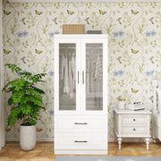 Kleiderschrank Garderobe Schrank mit 2 Glastüren, 71" hoher Schlafzimmer-Kleiderschrank mit 2 Schubladen, Schrank mit Kleiderstange für das Schlafzimmer, Holzkleiderschränke und Garderoben