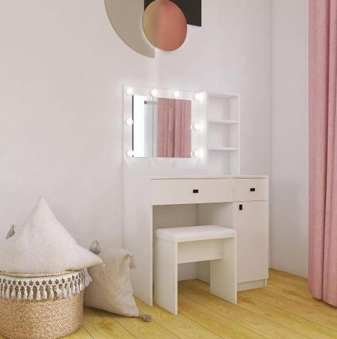 Toilettentisch mit Lichtern, Toilettentisch-Set mit Spiegel, Schminktisch mit großen Schubladen, Drei-Ebenen-Speicher-Kommode, Toilettentische mit 3 Lichtern, einstellbare Helligkeit für das Schlafzimmer, weiß