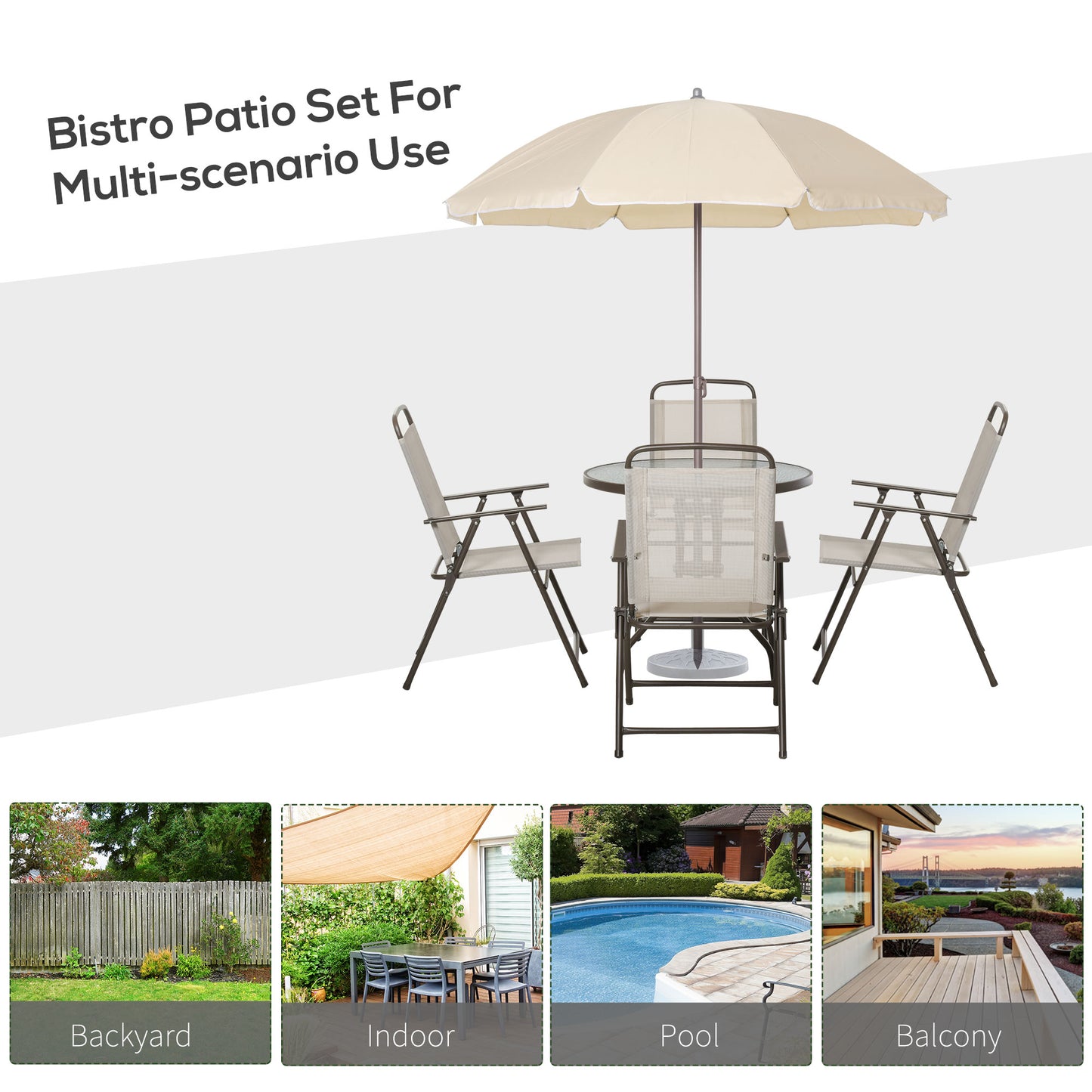 6-teiliges Terrassen-Essenservice mit Sonnenschirm, Klappstühlen und Glastisch, Beige – Aufbau für Mahlzeiten im Freien