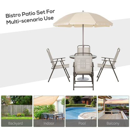 6-teiliges Terrassen-Essenservice mit Sonnenschirm, Klappstühlen und Glastisch, Beige – Aufbau für Mahlzeiten im Freien